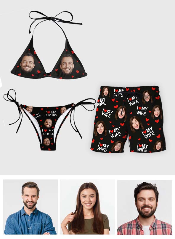 Ich liebe meinen Ehemann – Personalisierter Triangel-Bikini für Paare und Herrenshorts