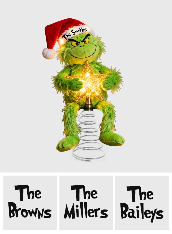 Fröhliche Grinchmas - Personalisierte Stola-Weihnachtsbaumspitze mit LED-Lichtern