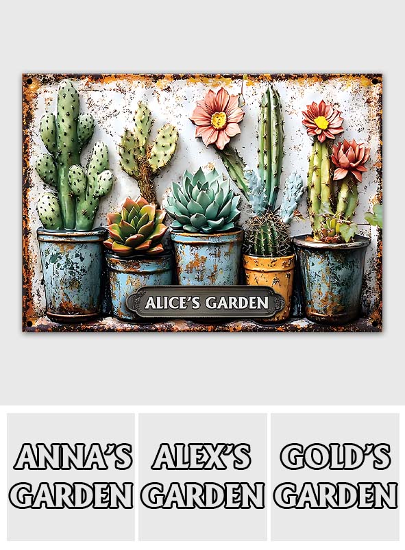 Mon jardin - Panneau métallique rectangulaire personnalisé en forme de cactus