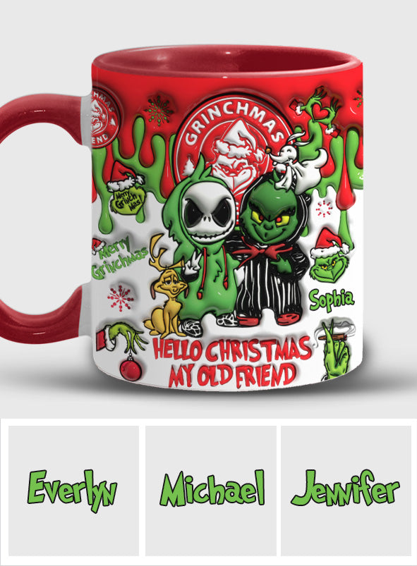 Hallo Weihnachten, mein alter Freund – personalisierte Tasse mit Weihnachtsstolen-Motiv