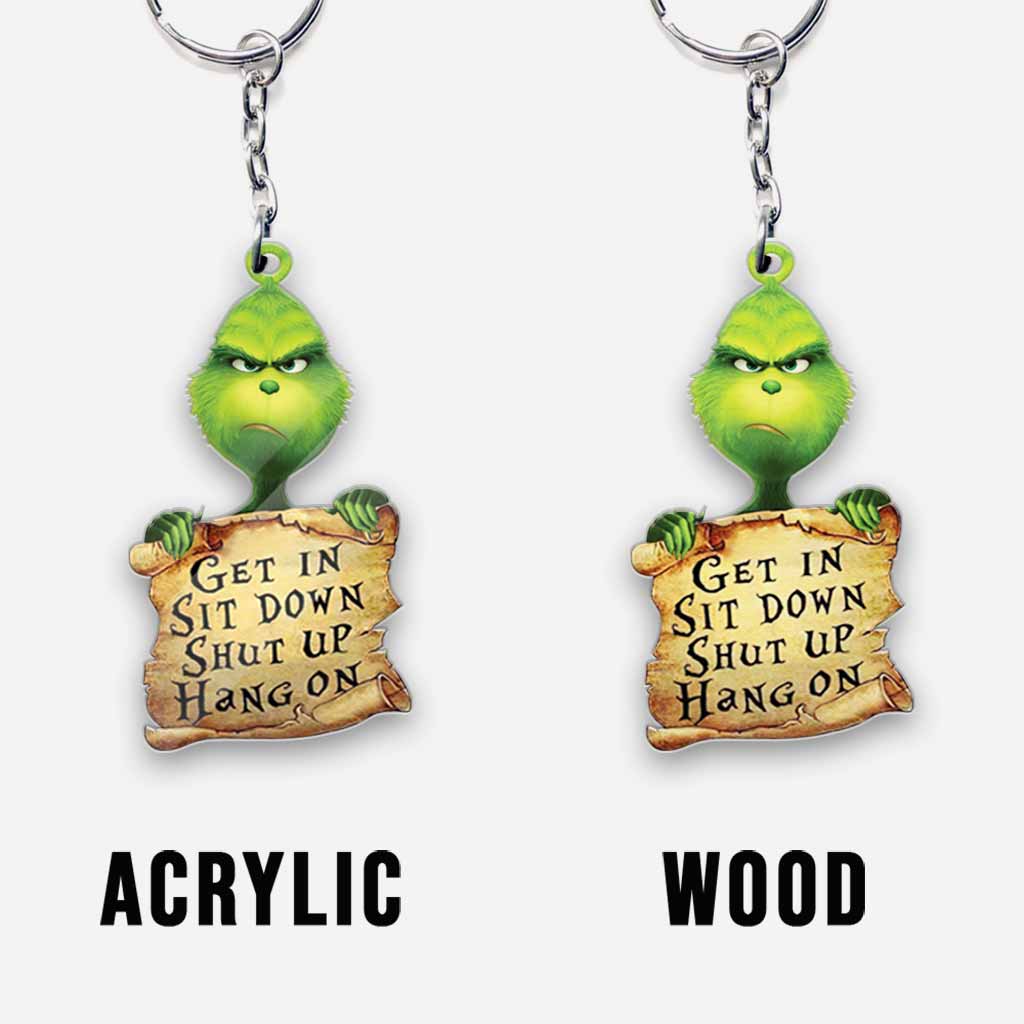 Einsteigen, hinsetzen, Klappe halten, warten – Grüner Unfug-Schlüsselanhänger (beidseitig bedruckt)