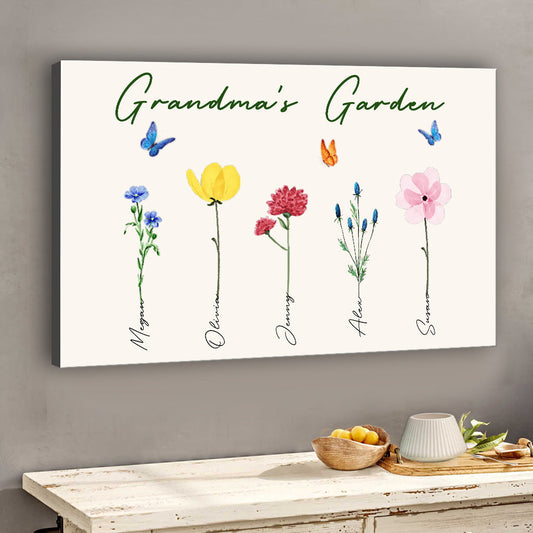 Omas Garten mit Geburtsblumen – Geschenk für Oma, Opa, Mama, Papa – Personalisierte Leinwand und Poster