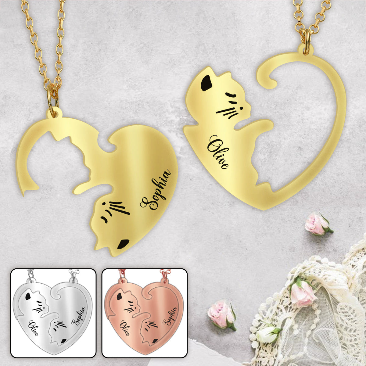 J'adore les chats - Collier pendentif personnalisé assorti à un motif chat