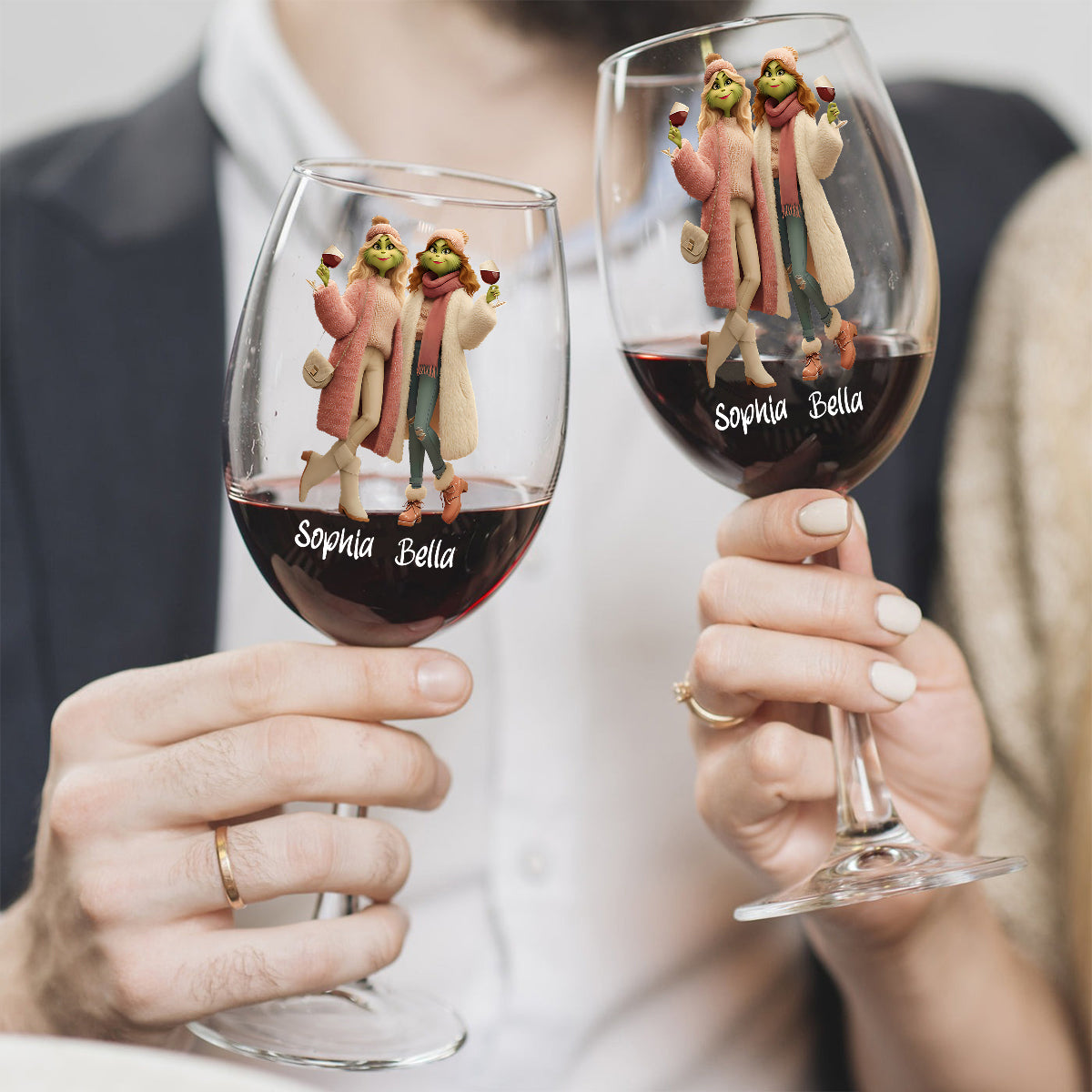 Meilleures amies, une année de plus ensemble - Verre à vin de Noël personnalisé avec étole et longue tige