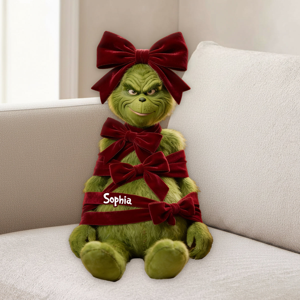 Green Christmas Character With Bow - Personalized Stole Christmas Premium Faux Fur Pillow