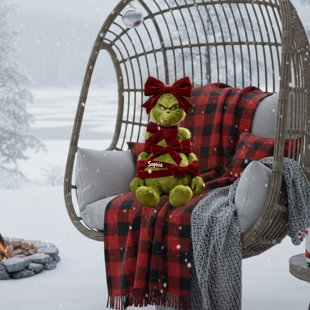 Green Christmas Character With Bow - Personalized Stole Christmas Premium Faux Fur Pillow