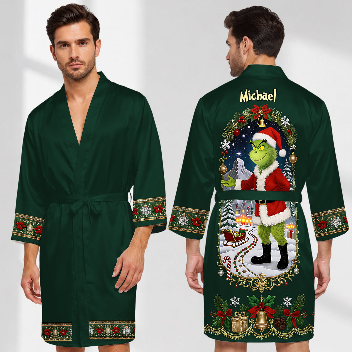 Merry Christmas - Green Couple - Personalized Stole Christmas Satin Robe