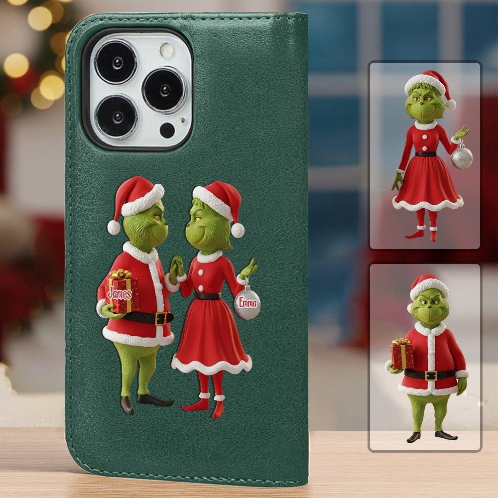 Cadeau de Noël Joyeux Grinchmas - Étui portefeuille/téléphone personnalisé avec bandoulière et motif étole de Noël