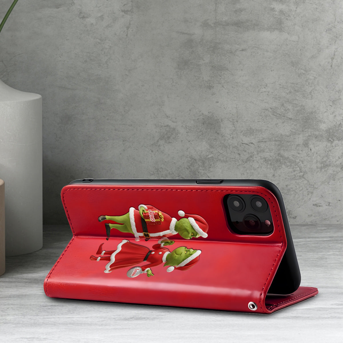 Cadeau de Noël Joyeux Grinchmas - Étui portefeuille/téléphone personnalisé avec bandoulière et motif étole de Noël