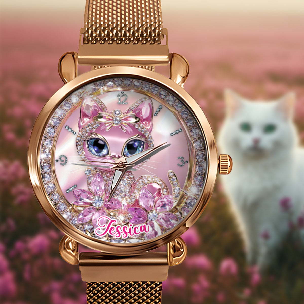 Personalisierte Damen-Handuhr mit Katzenmotiv 
