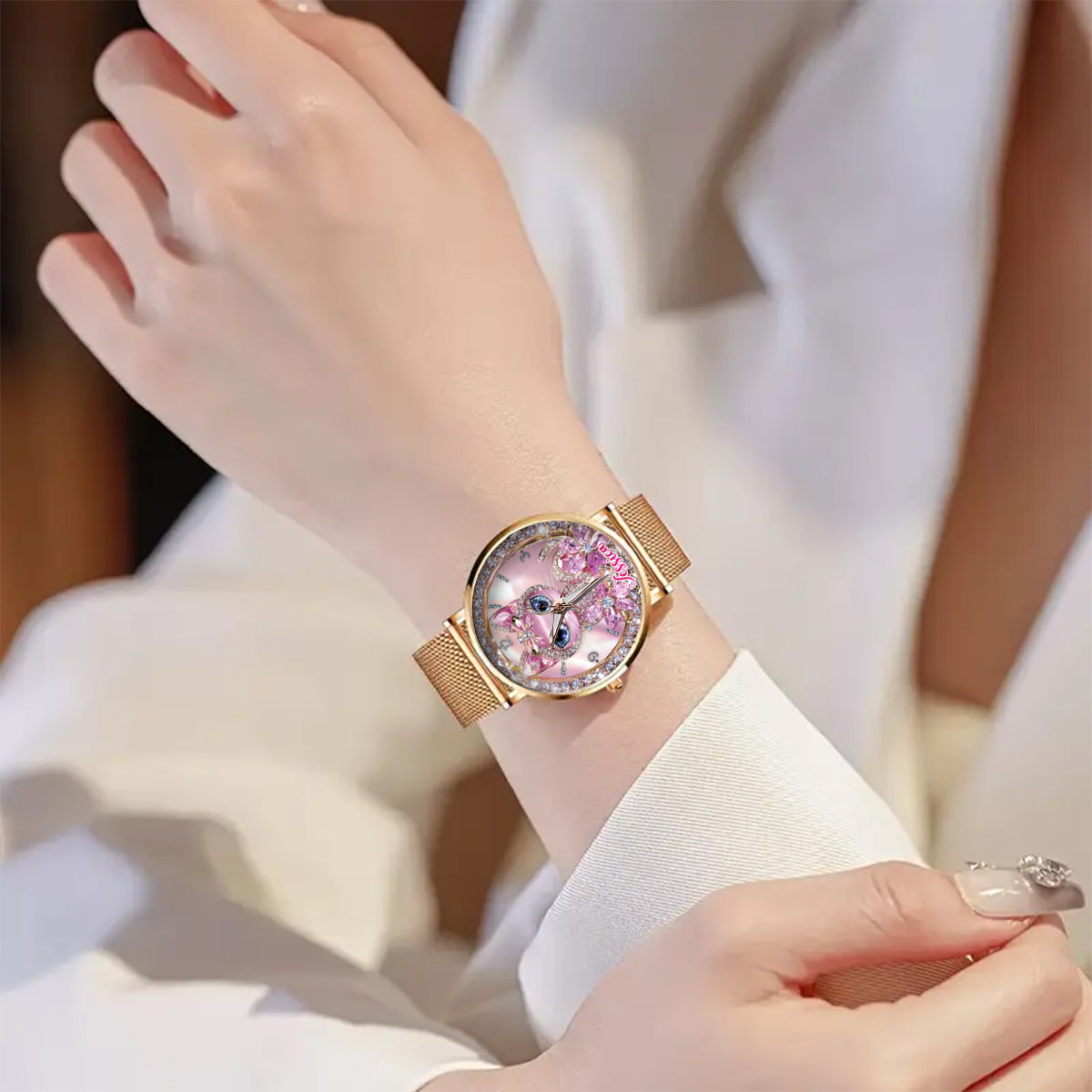 Personalisierte Damen-Handuhr mit Katzenmotiv 