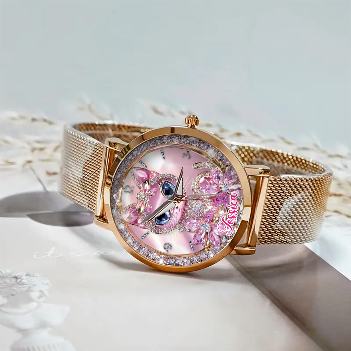 Personalisierte Damen-Handuhr mit Katzenmotiv 