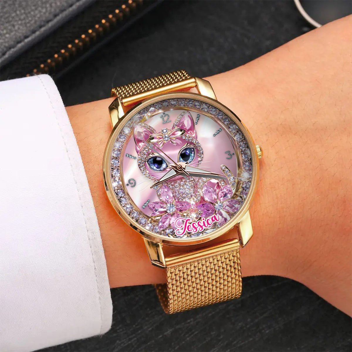 Personalisierte Damen-Handuhr mit Katzenmotiv 