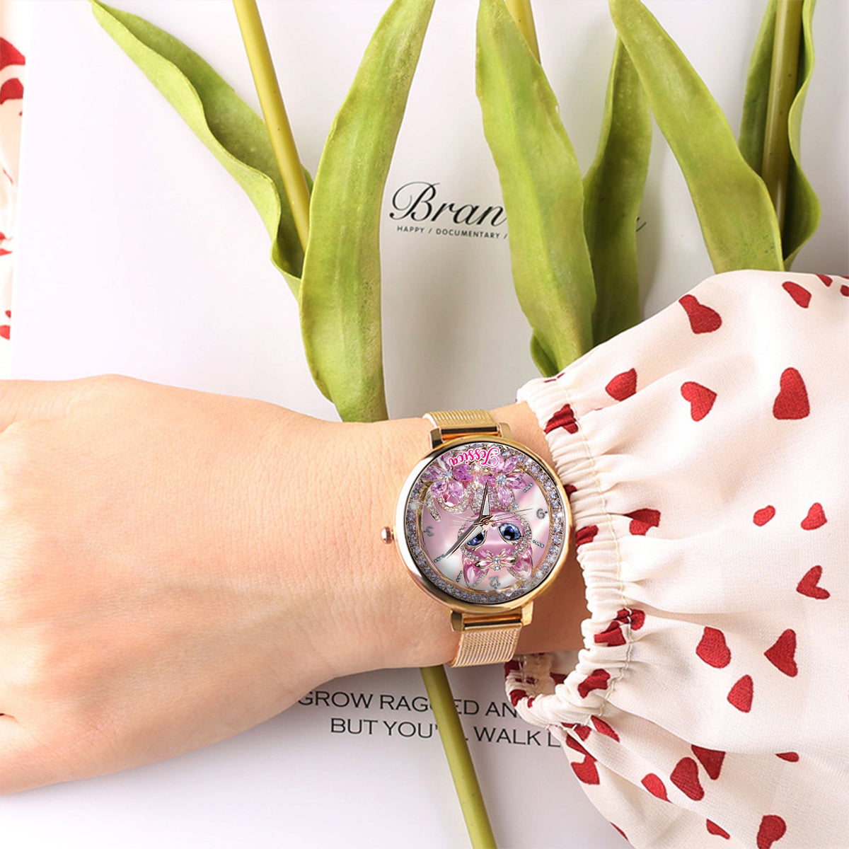 Personalisierte Damen-Handuhr mit Katzenmotiv 