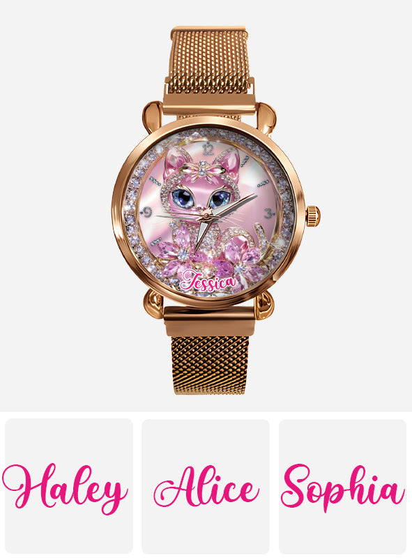 Personalisierte Damen-Handuhr mit Katzenmotiv 