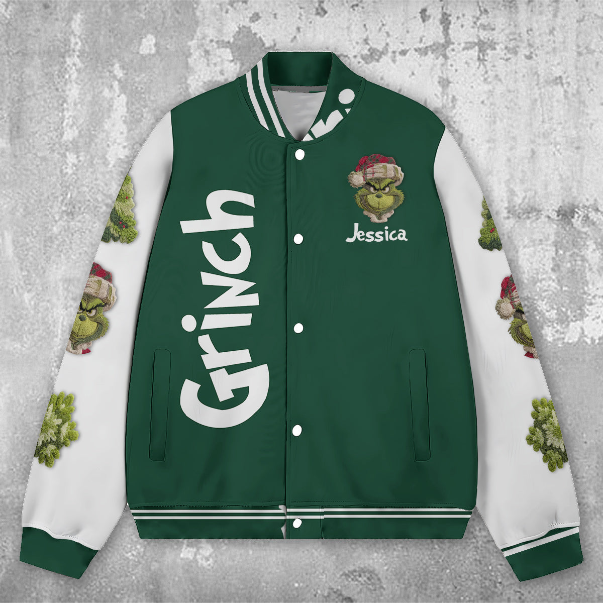 Fröhliche Grinchmas – Personalisierte Stola-Weihnachts-Collegejacke