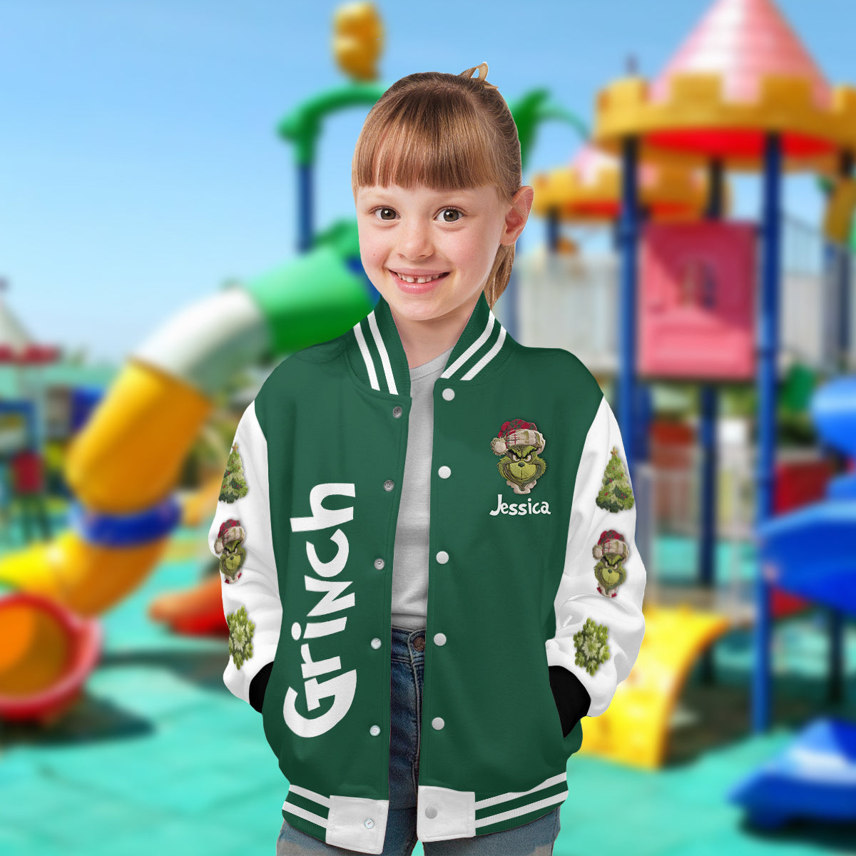 Fröhliche Grinchmas – Personalisierte Stola-Weihnachts-Collegejacke