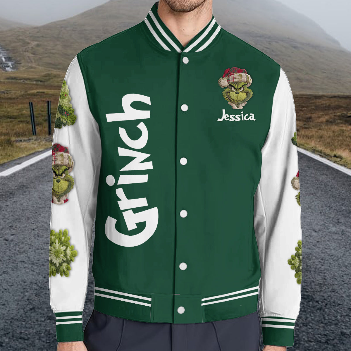 Fröhliche Grinchmas – Personalisierte Stola-Weihnachts-Collegejacke
