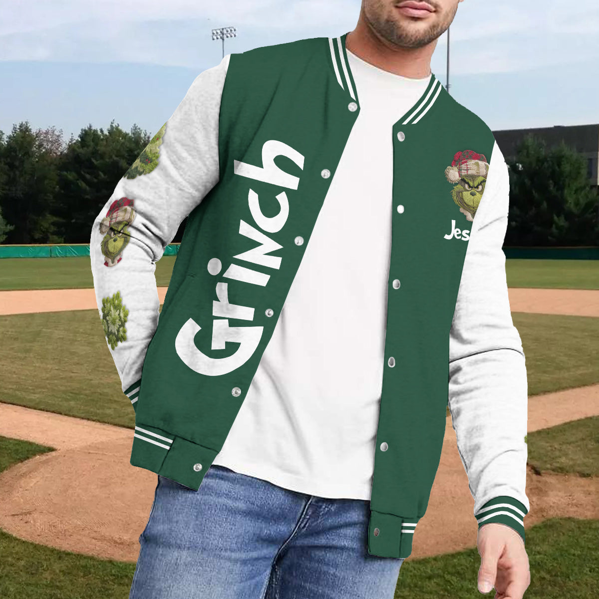 Fröhliche Grinchmas – Personalisierte Stola-Weihnachts-Collegejacke