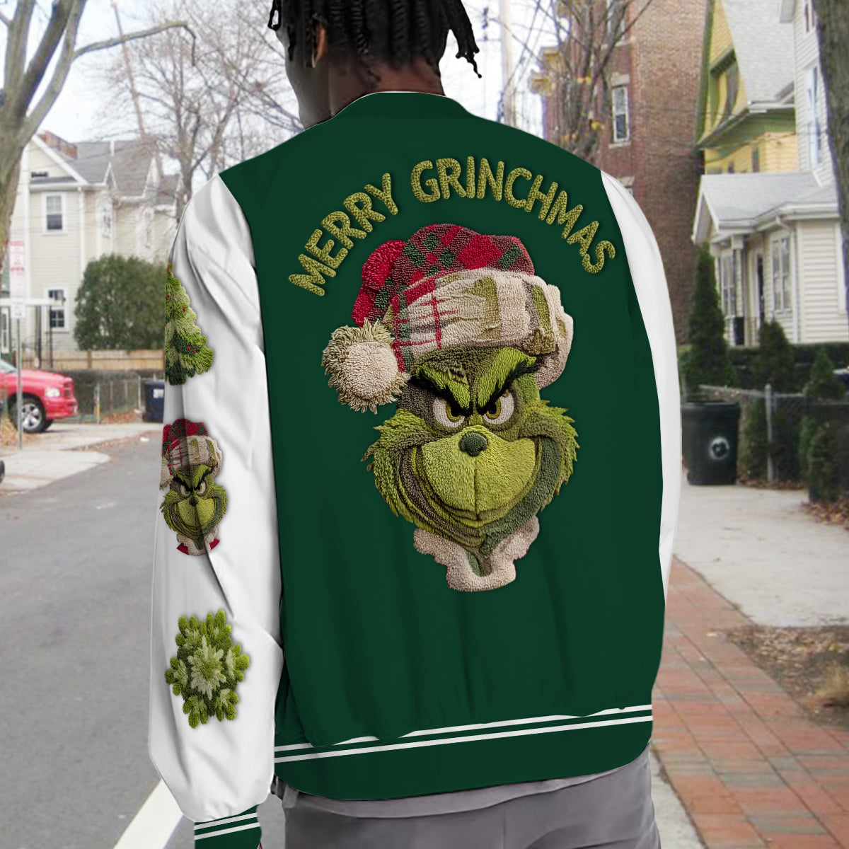 Fröhliche Grinchmas – Personalisierte Stola-Weihnachts-Collegejacke