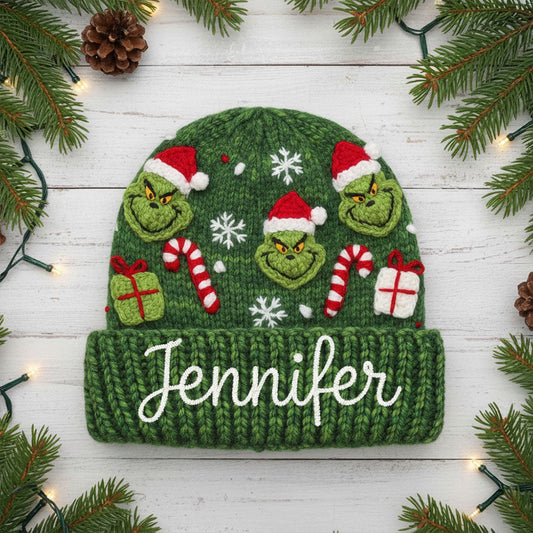 Green Mischief – Personalisierte Weihnachtsmütze mit Stola