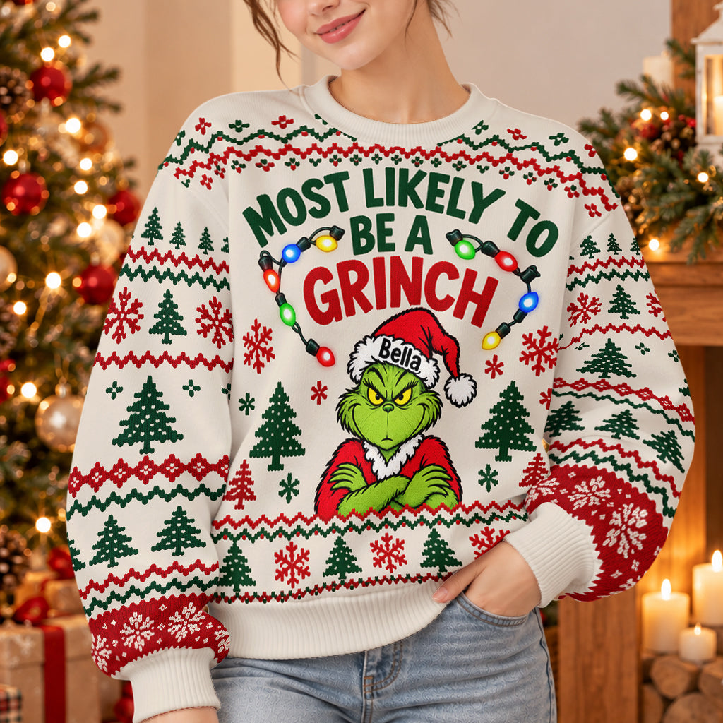 Most Likely To Green Mischief Matching Family Ugly Sweaters - Personalized Stole Christmas Light Up Sweater