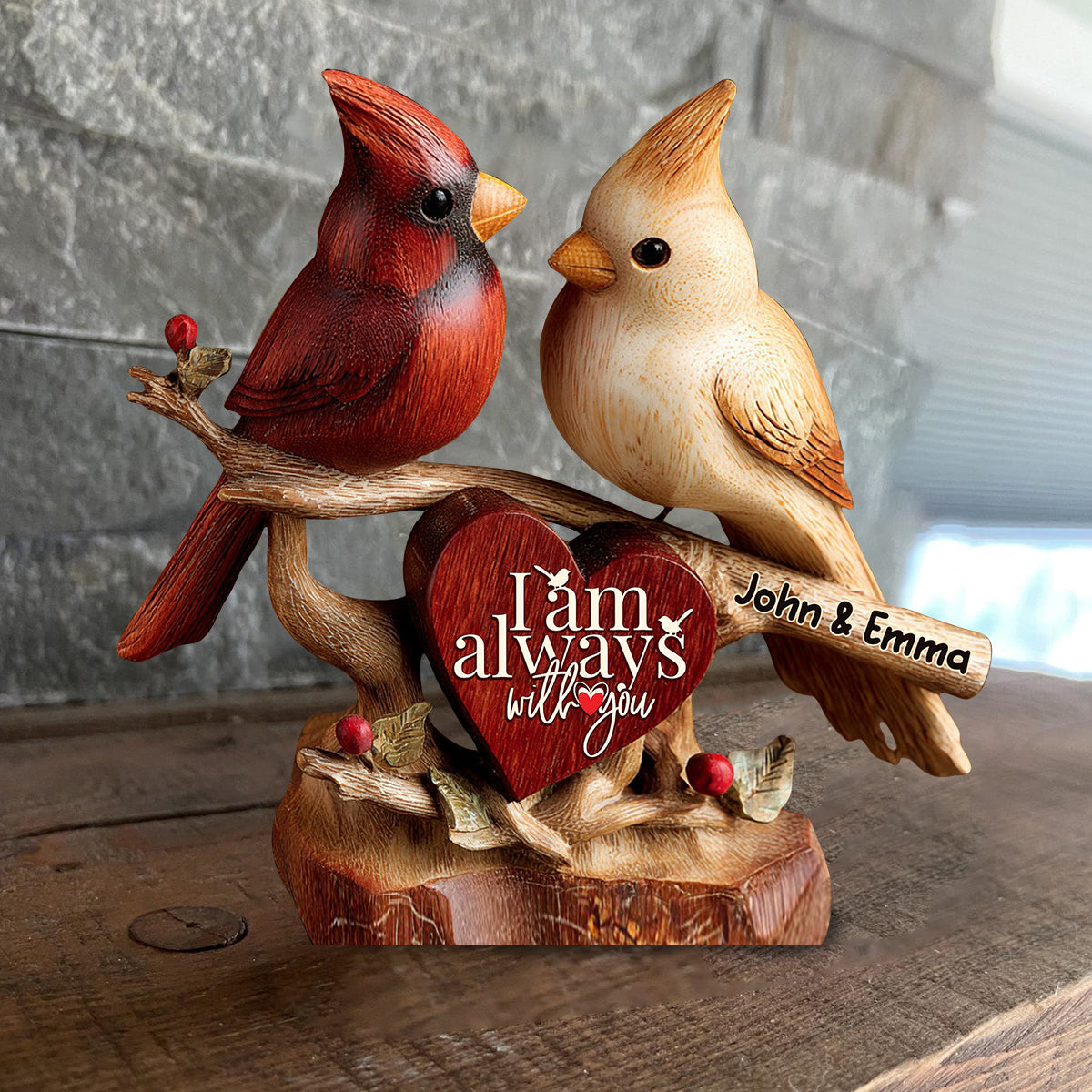 Cardinals – Ich bin immer bei dir – Personalisierte Holzplakette für Paare in individueller Form