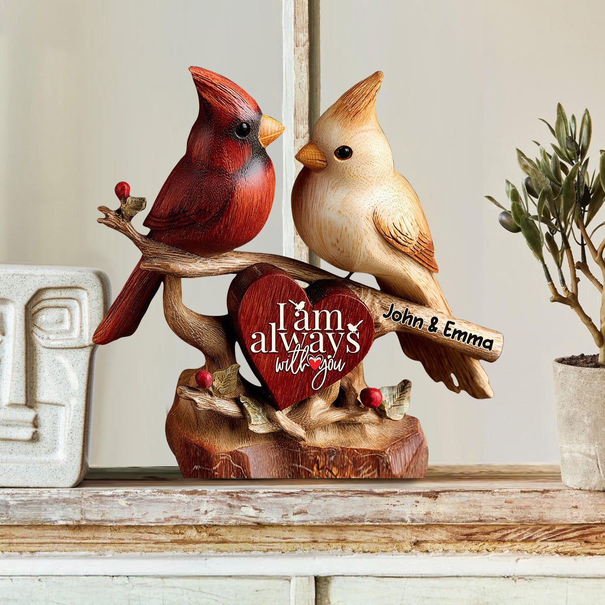 Cardinals – Ich bin immer bei dir – Personalisierte Holzplakette für Paare in individueller Form