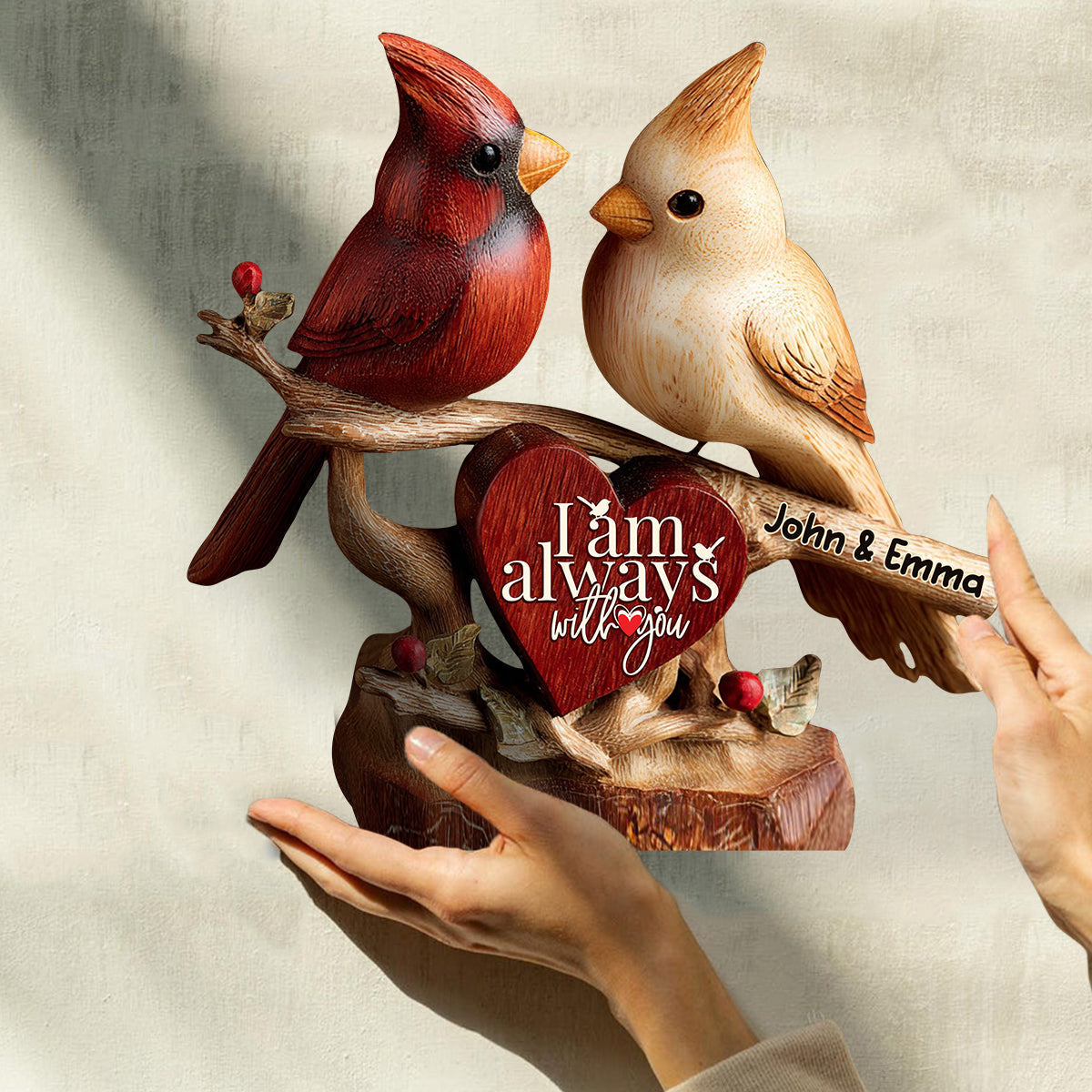 Cardinals – Ich bin immer bei dir – Personalisierte Holzplakette für Paare in individueller Form
