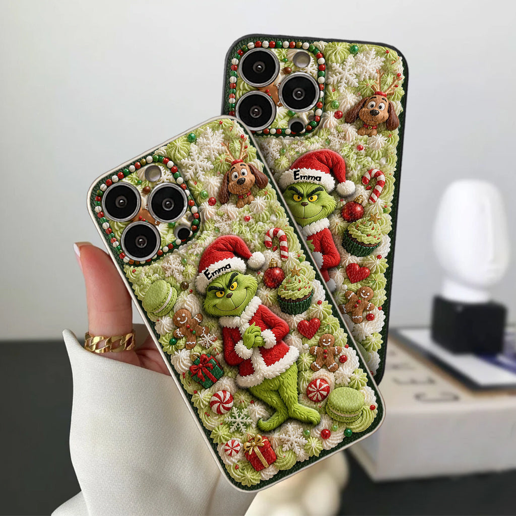 Christmas Green Character - Personalized Stole Christmas 3D Embossed Leather Phone Case