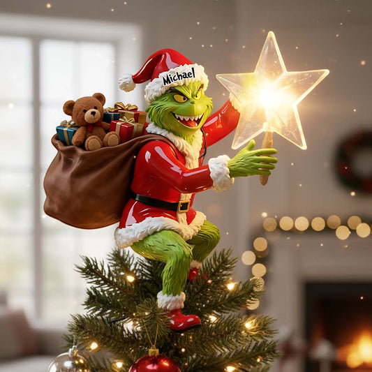 Fröhliche Grinchmas - Personalisierte Stola-Weihnachtsbaumspitze mit LED-Lichtern