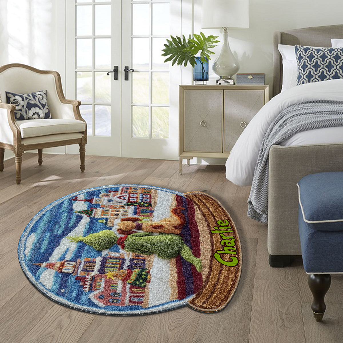 Grünes Monster mit Hund - Personalisierte Stola, rutschfester, getufteter Weihnachtsteppich