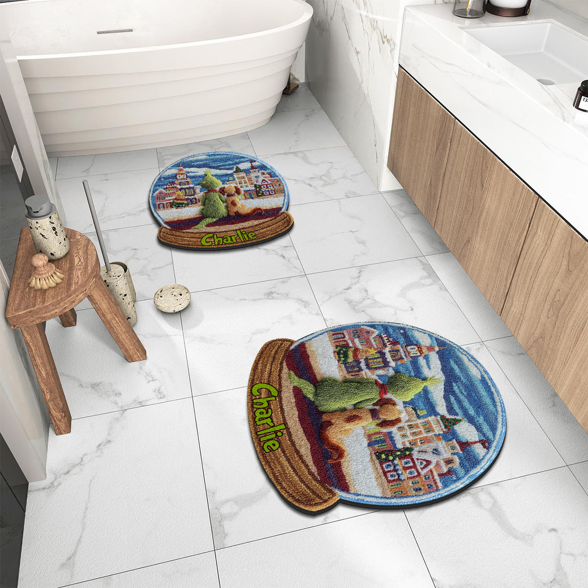 Grünes Monster mit Hund - Personalisierte Stola, rutschfester, getufteter Weihnachtsteppich