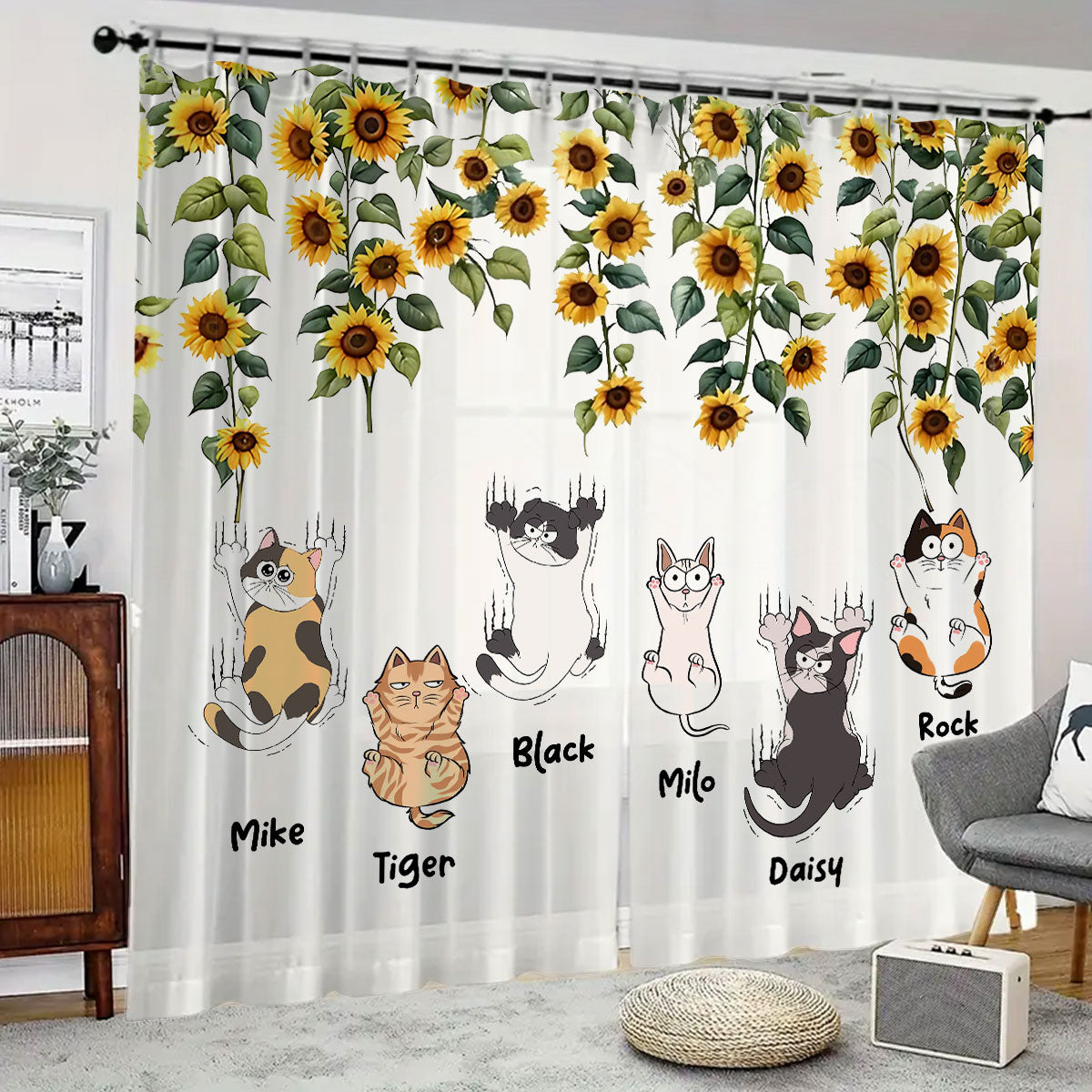 Ensemble de rideaux occultants personnalisés à motifs de chats mignons et de tournesols