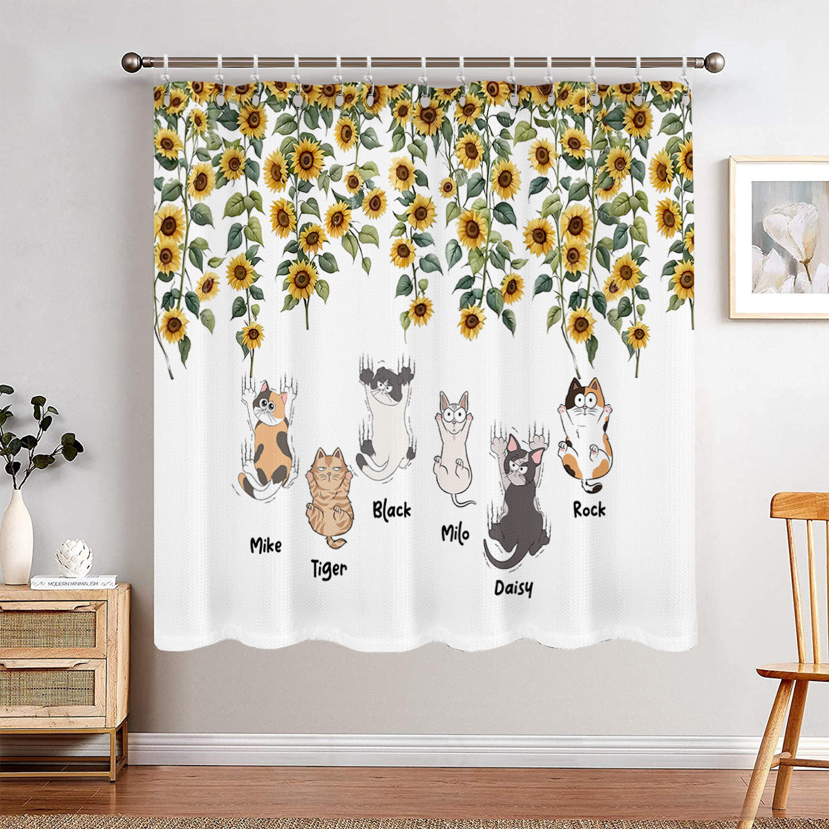 Ensemble de rideaux occultants personnalisés à motifs de chats mignons et de tournesols