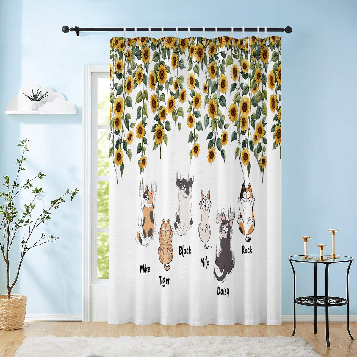 Ensemble de rideaux occultants personnalisés à motifs de chats mignons et de tournesols