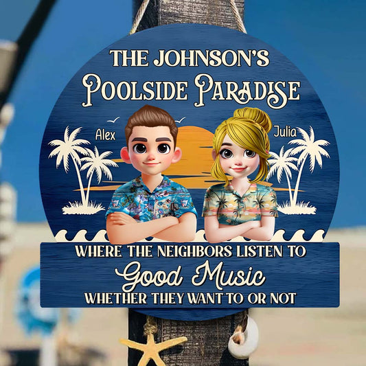 Paradies am Pool – Personalisiertes Holzschild in individueller Form für Paare