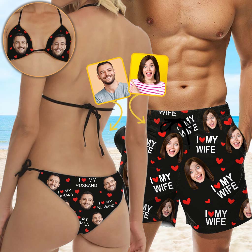 Ich liebe meinen Ehemann – Personalisierter Triangel-Bikini für Paare und Herrenshorts