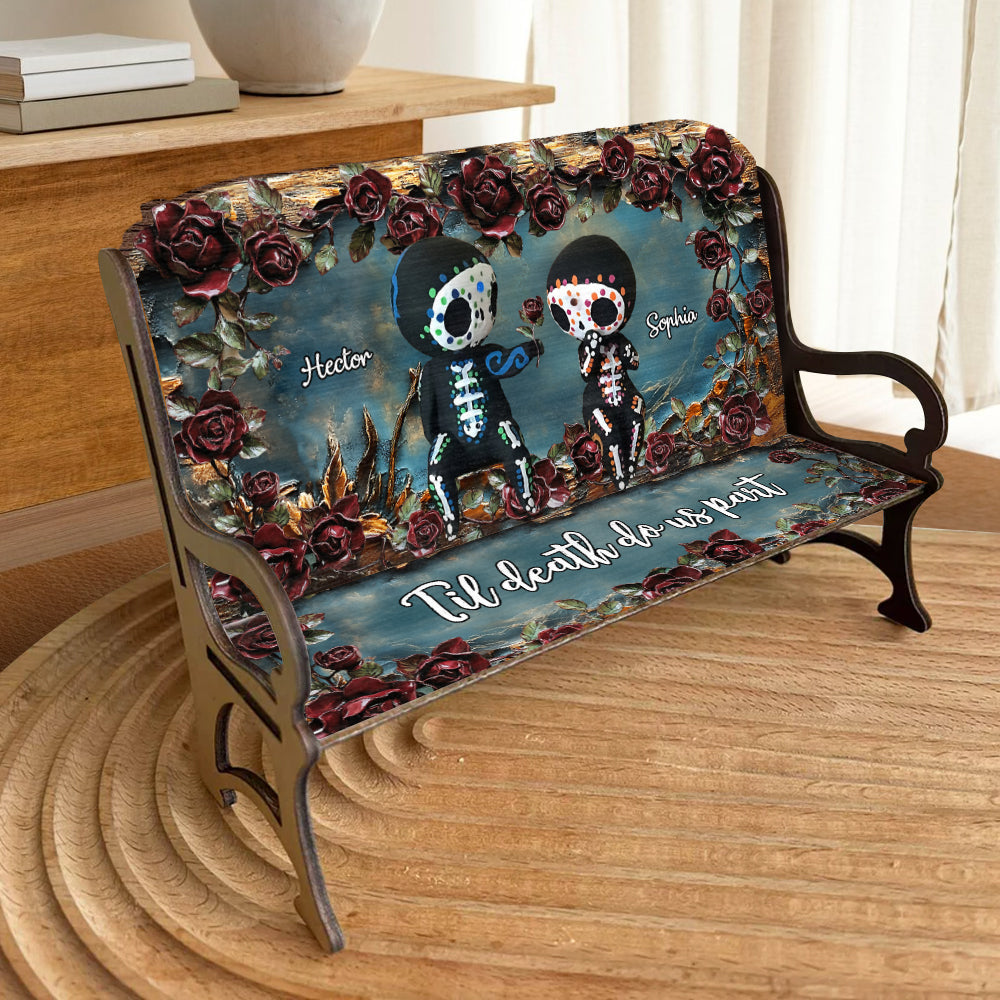 Bis dass der Tod uns scheidet - Personalisierte Totenkopf-Holzbank