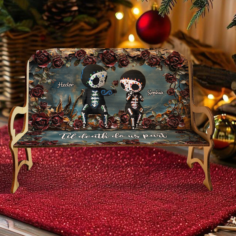 Bis dass der Tod uns scheidet - Personalisierte Totenkopf-Holzbank