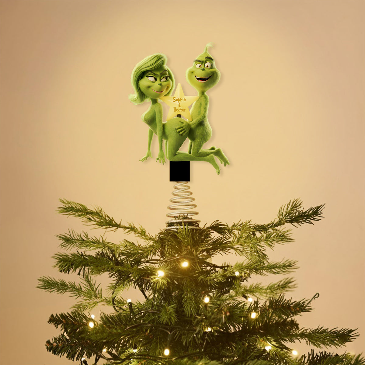 Fuzzy Green Trouble on Top - Personalized Stole Christmas LED Light Tree Topper