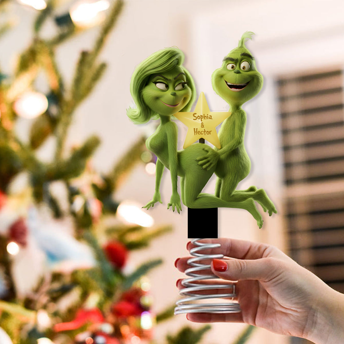 Fuzzy Green Trouble on Top - Personalized Stole Christmas LED Light Tree Topper