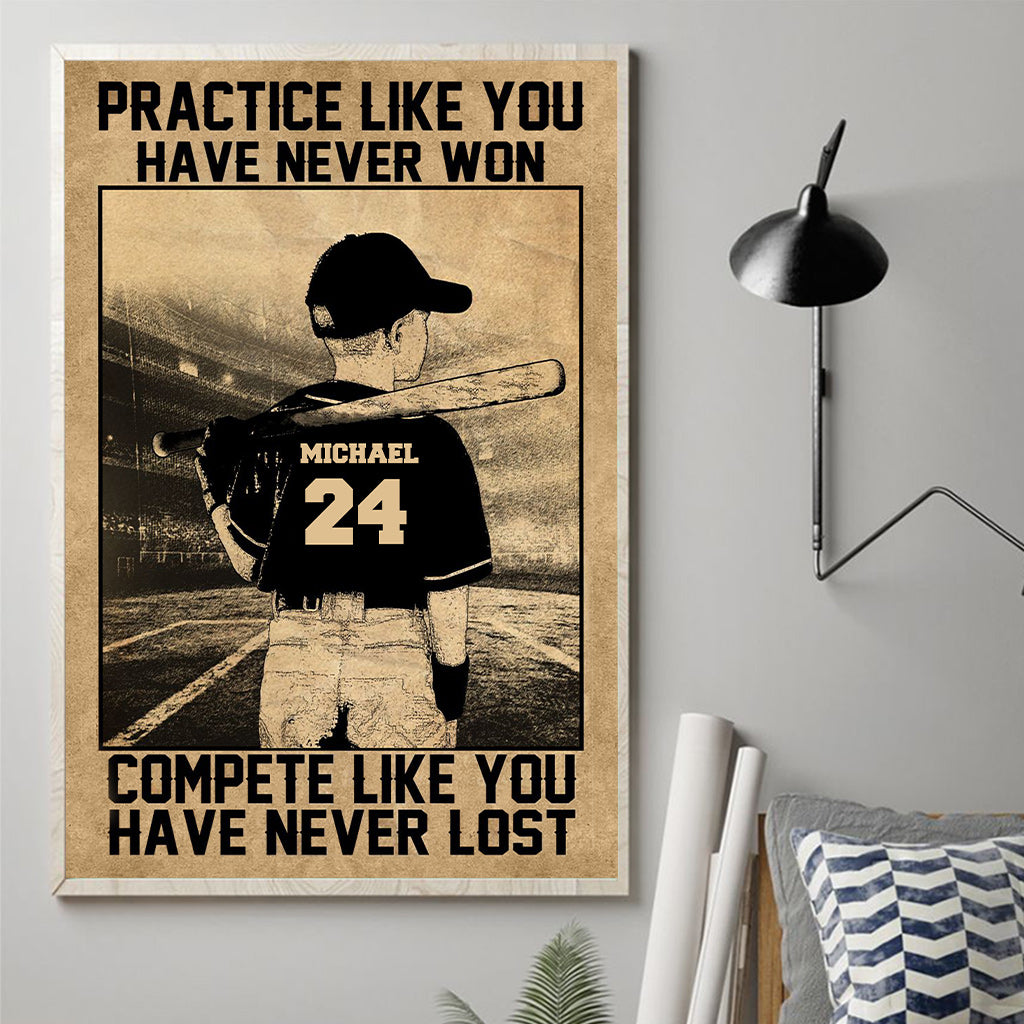 Übe, als hättest du noch nie gewonnen – Personalisierte Baseball-Leinwand und Poster