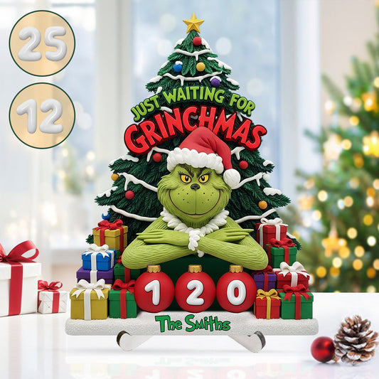 Ich warte nur noch auf Grinchmas – Personalisierte, austauschbare Weihnachtsstolen-Plakette