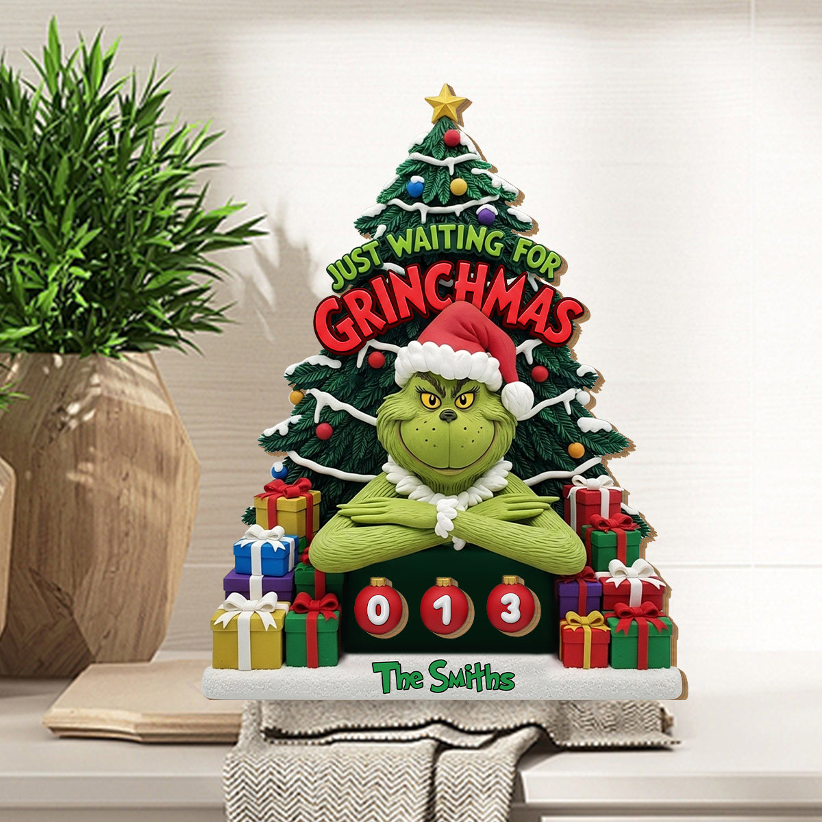 Ich warte nur noch auf Grinchmas – Personalisierte, austauschbare Weihnachtsstolen-Plakette