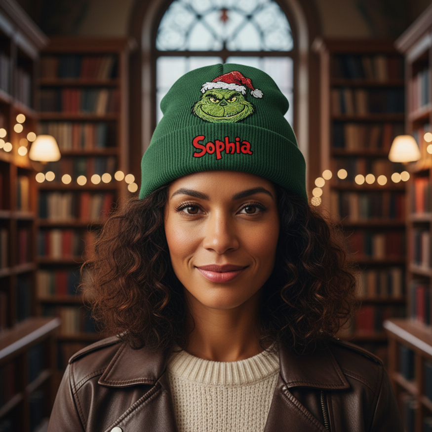 Fröhliche Grinchmas - Personalisierte Weihnachtsmütze mit Stola und Aufnähern