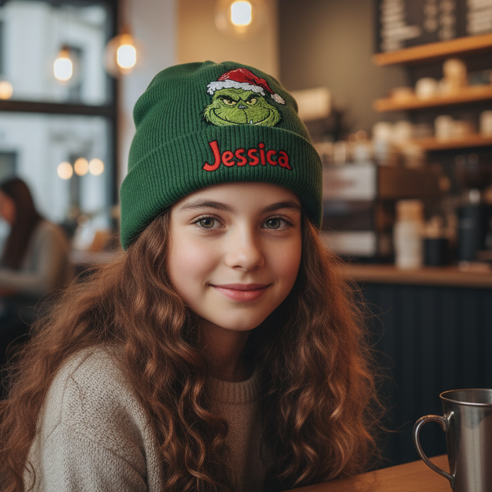Fröhliche Grinchmas - Personalisierte Weihnachtsmütze mit Stola und Aufnähern