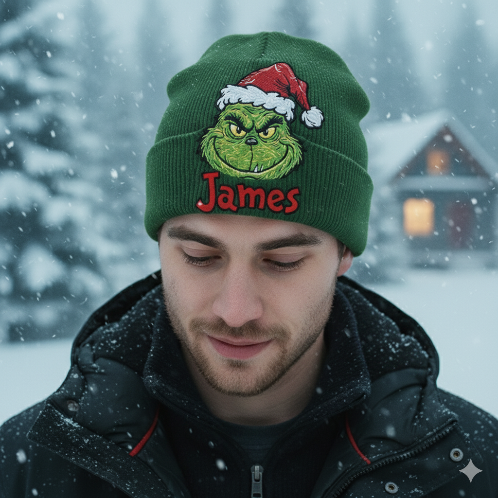 Fröhliche Grinchmas - Personalisierte Weihnachtsmütze mit Stola und Aufnähern