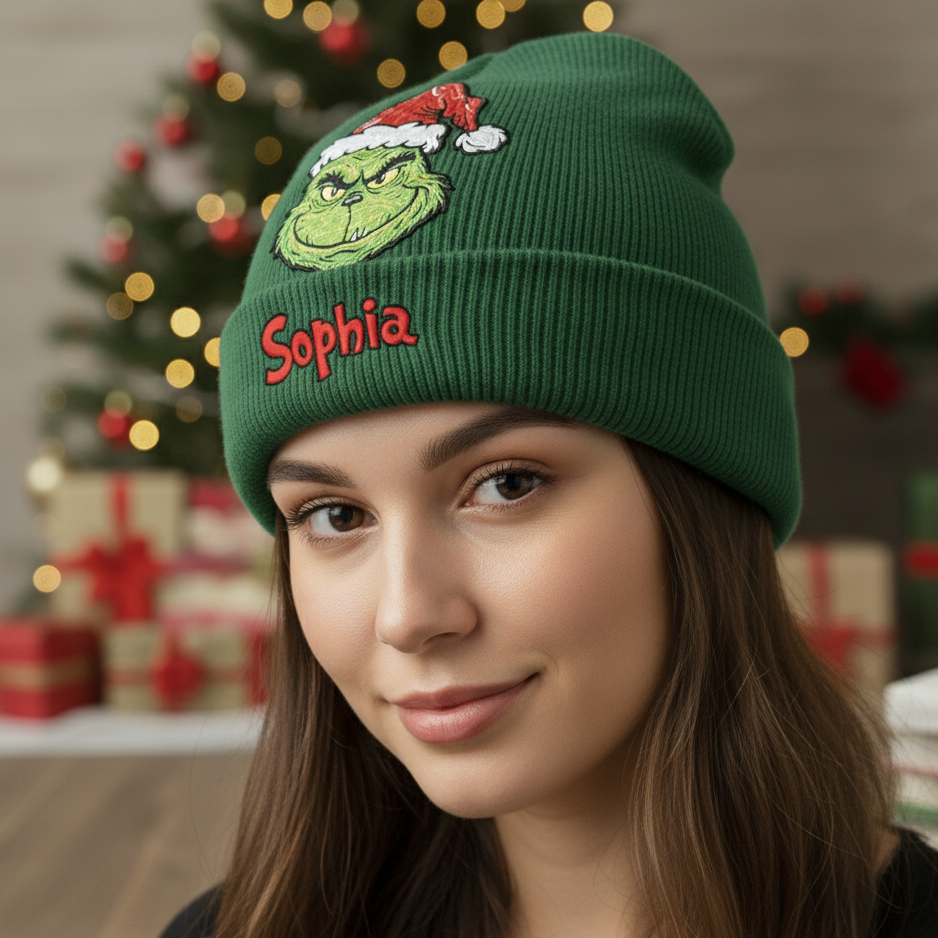 Fröhliche Grinchmas - Personalisierte Weihnachtsmütze mit Stola und Aufnähern