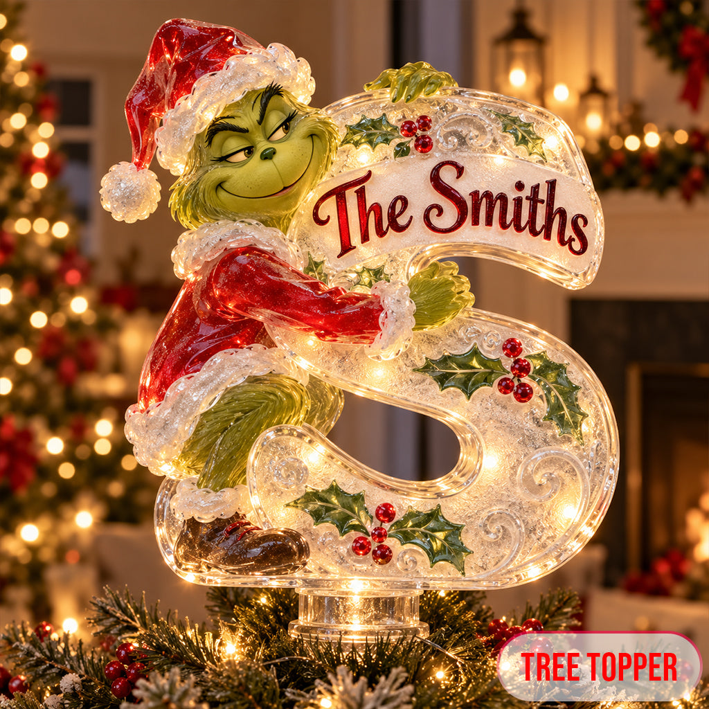 Green Mischief Custom Initial - Personalized Stole Christmas LED Light Tree Topper